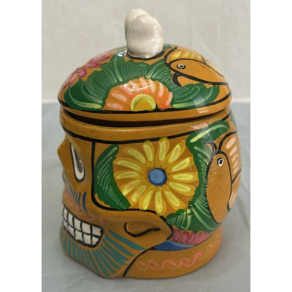 Sugar Skull Jar, Trinket Box With Lid Day of the Dead Mexico Light Orange